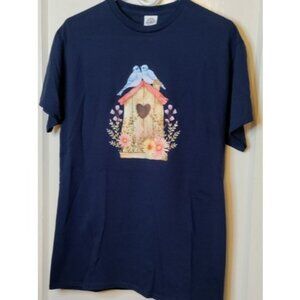 Womens T-shirt Medium Lovebirds On Birdhouse Flowers Birds